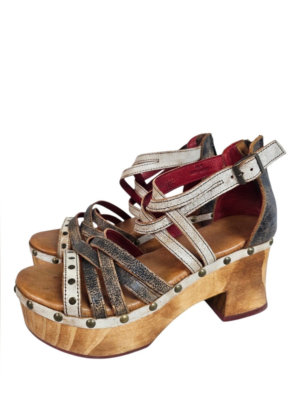 Bed Stu Antonelli Nectar Distressed Strappy Wooden Platform 70s Inspired Heel Sh